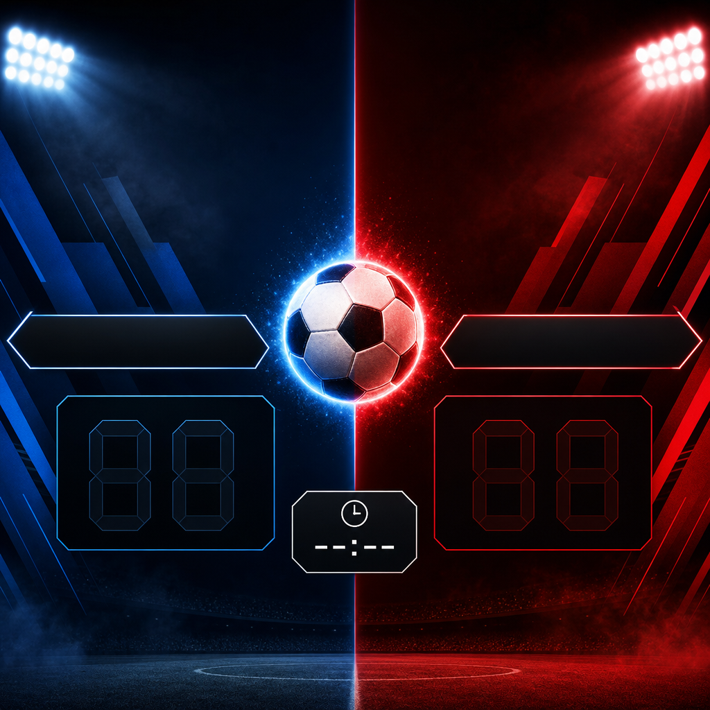 A blue and red split-screen soccer match prediction graphic with a soccer ball in the center, stadium lights, blank team name fields, score boxes, and a match time area.