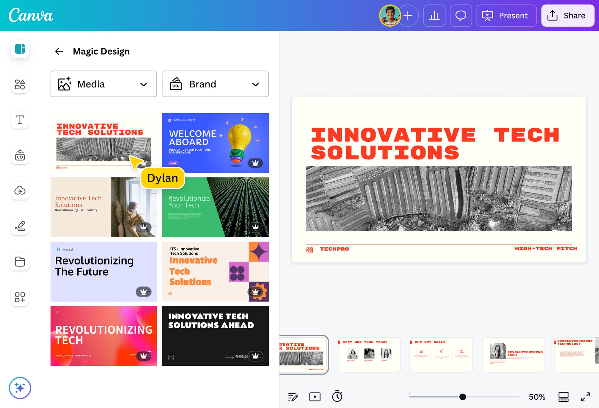 Screenshot of Canva’s Magic Design presentation editor showing generated tech-themed slide options and a selected slide preview.