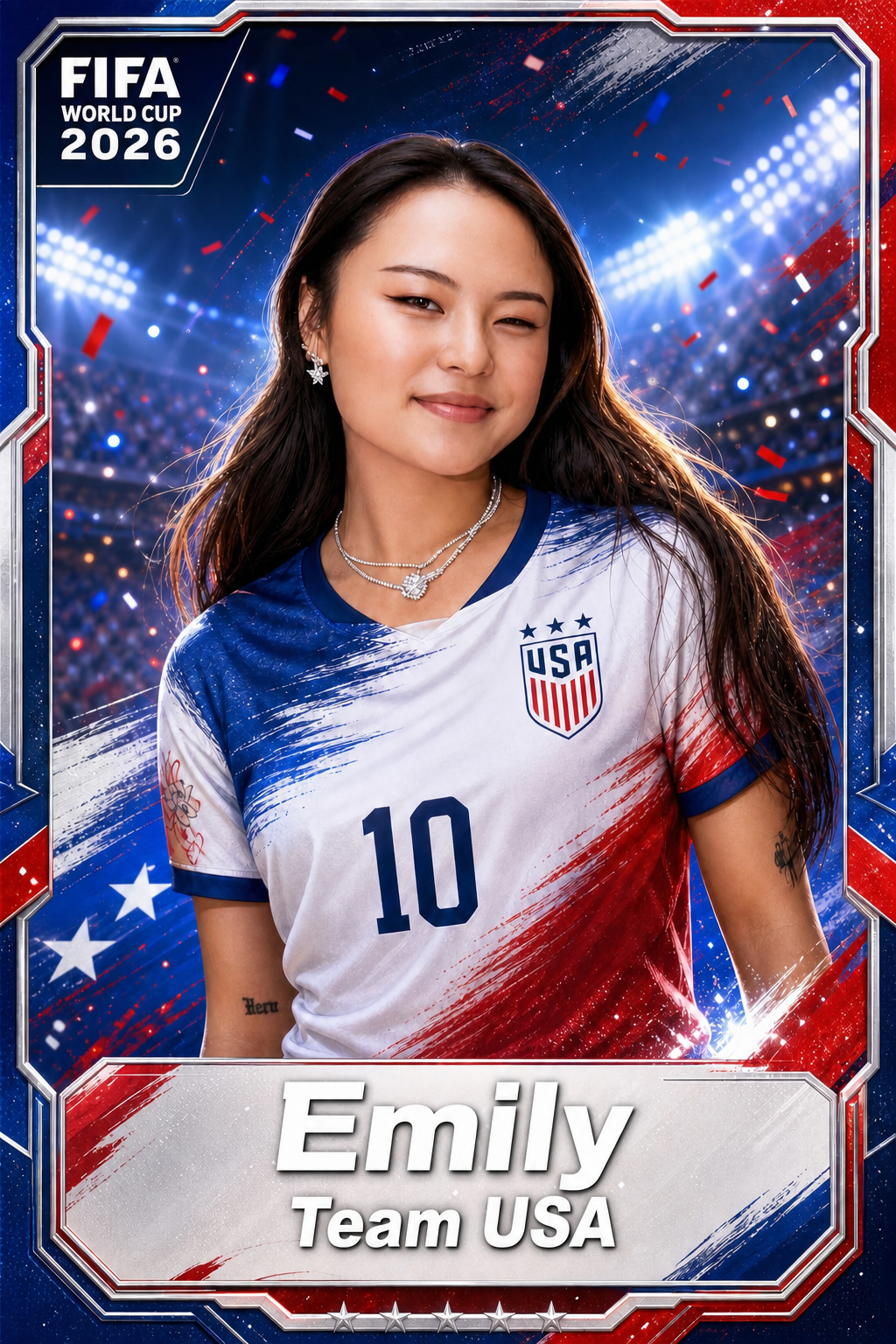 A soccer trading card-style image showing a woman in a USA-inspired soccer jersey, stadium lights, red and blue graphic elements, and a collectible card frame.