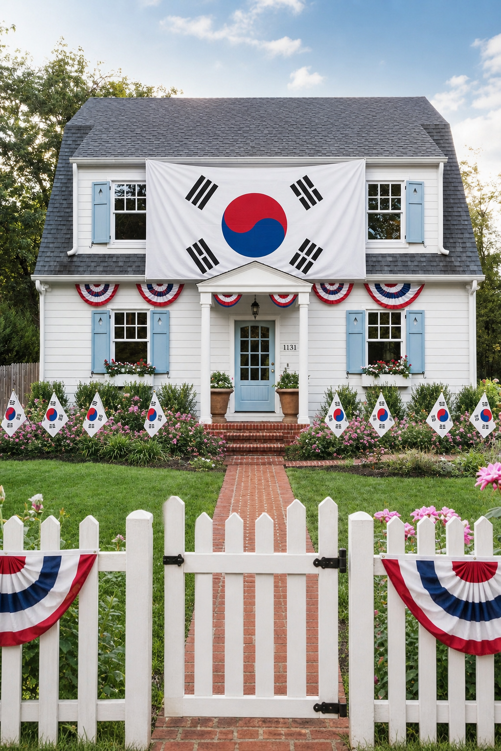 AI-generated image of a house decorated with a large South Korea flag, small flags, and red, white, and blue fan banners.
