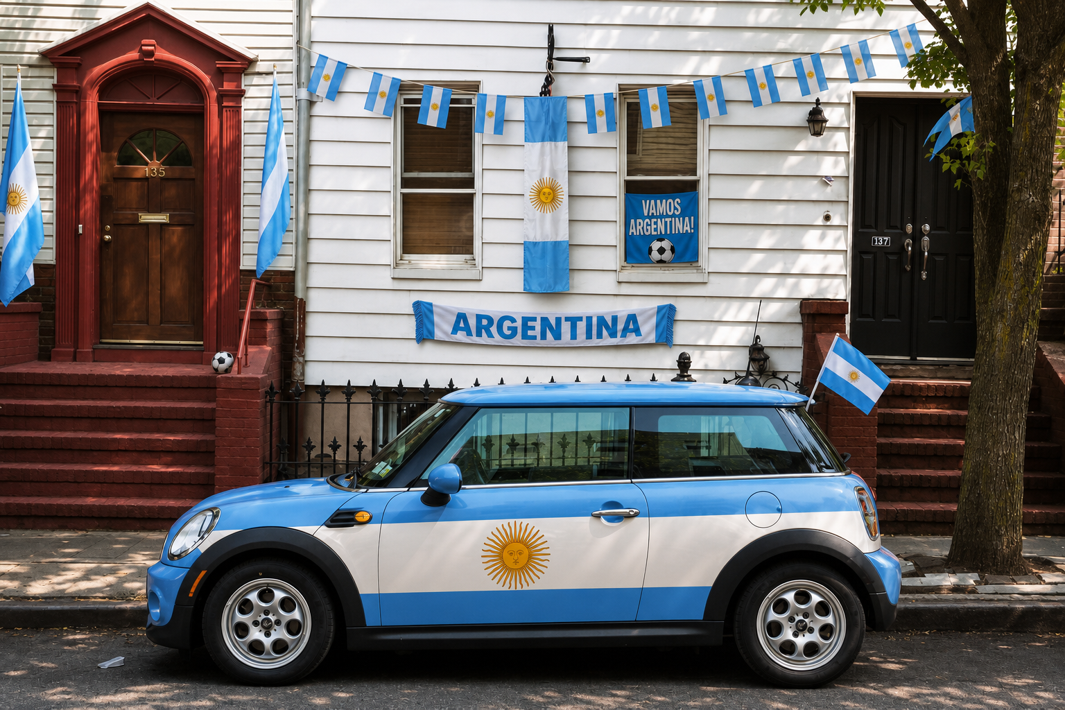 AI-generated image of a blue and white car painted with Argentina-inspired flag colors outside a decorated house.