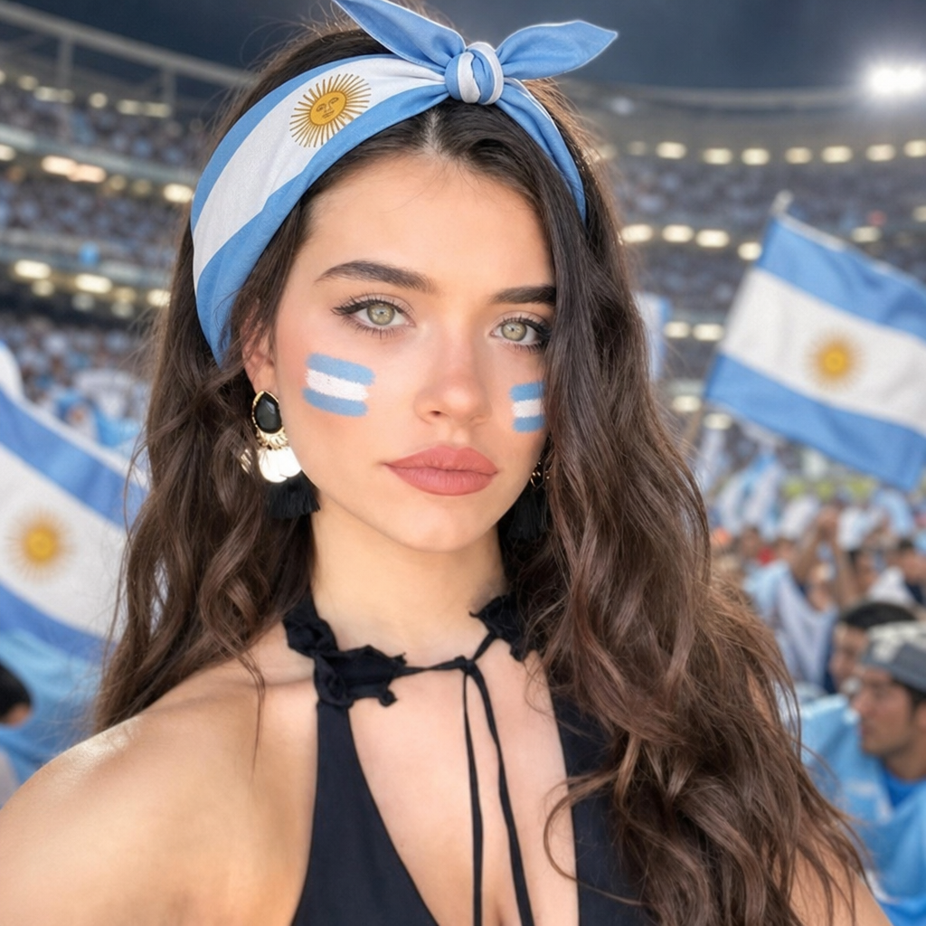 AI-generated portrait of a woman wearing an Argentina-colored bandana and face paint in a crowded soccer stadium.