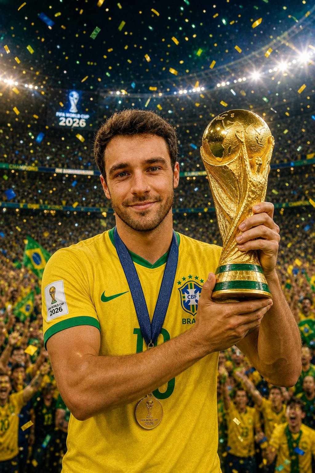 AI-generated portrait of a man in a Brazil-inspired soccer jersey holding a golden trophy in a packed stadium with confetti.