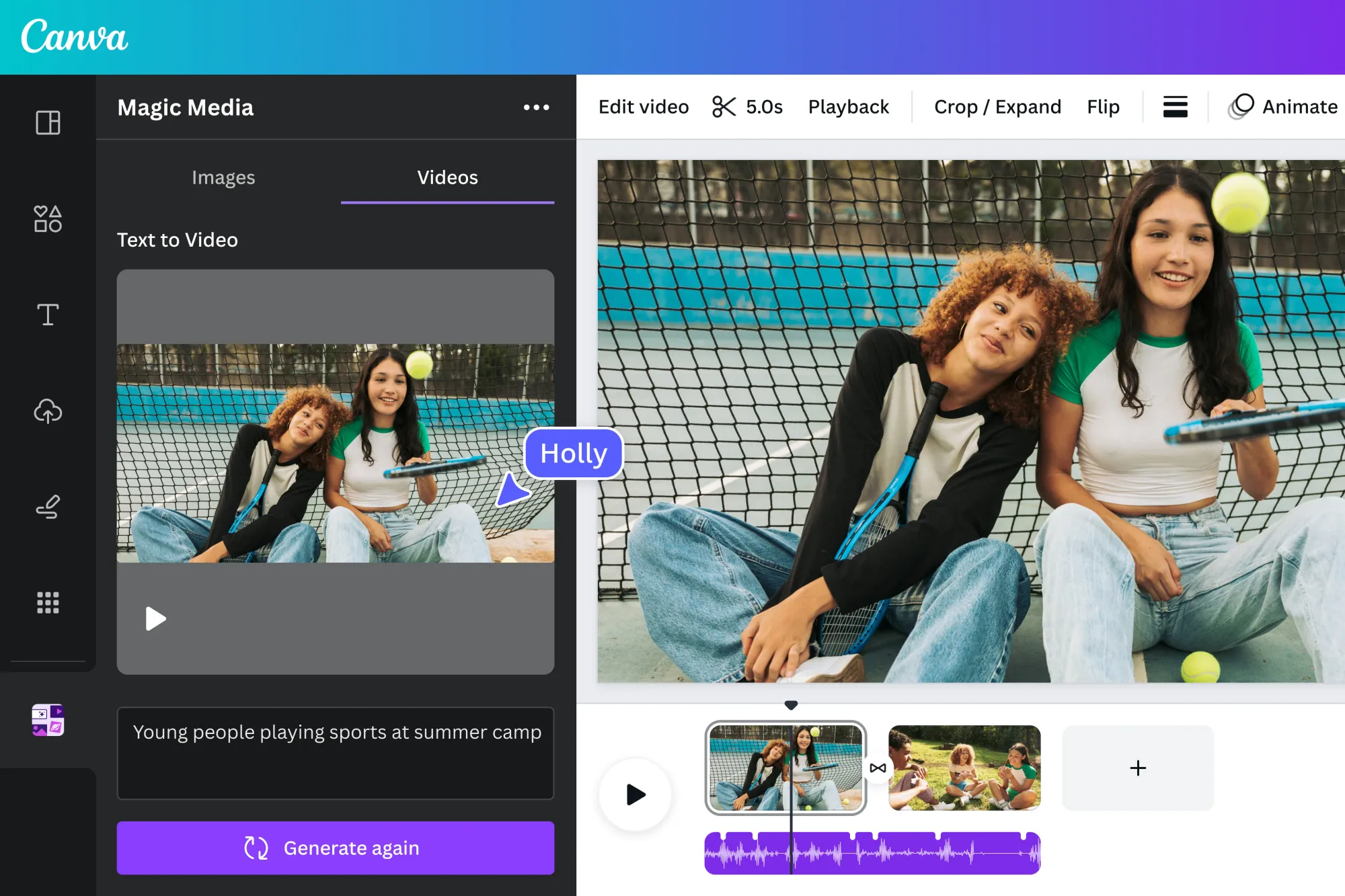 Screenshot of Canva’s Magic Media text-to-video tool showing a generated video clip of two people sitting on a tennis court.