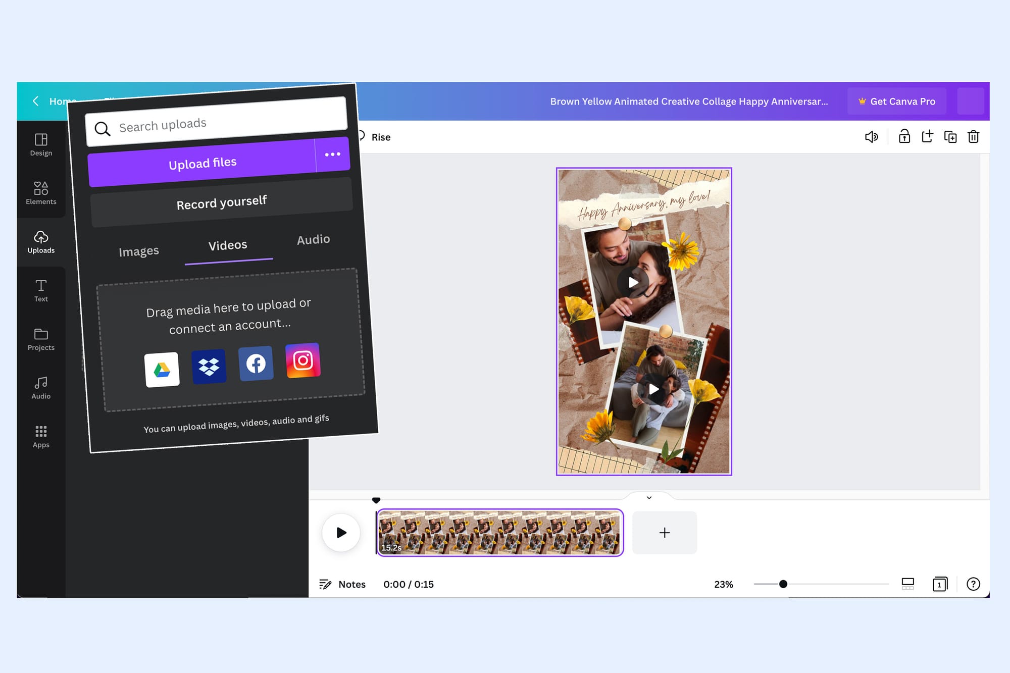 Screenshot of Canva’s editor showing a video upload panel and a design template with video clips placed on the canvas.