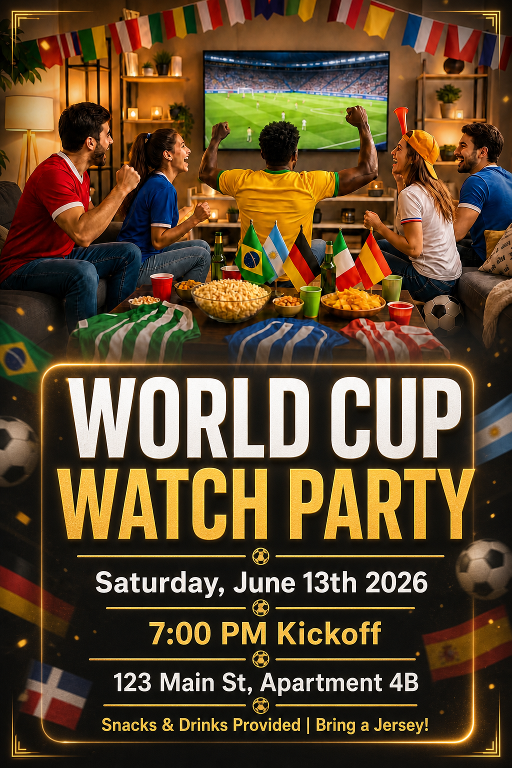 A World Cup watch party invitation showing fans cheering in a living room with snacks, flags, a TV showing a soccer match, and large “World Cup Watch Party” text.