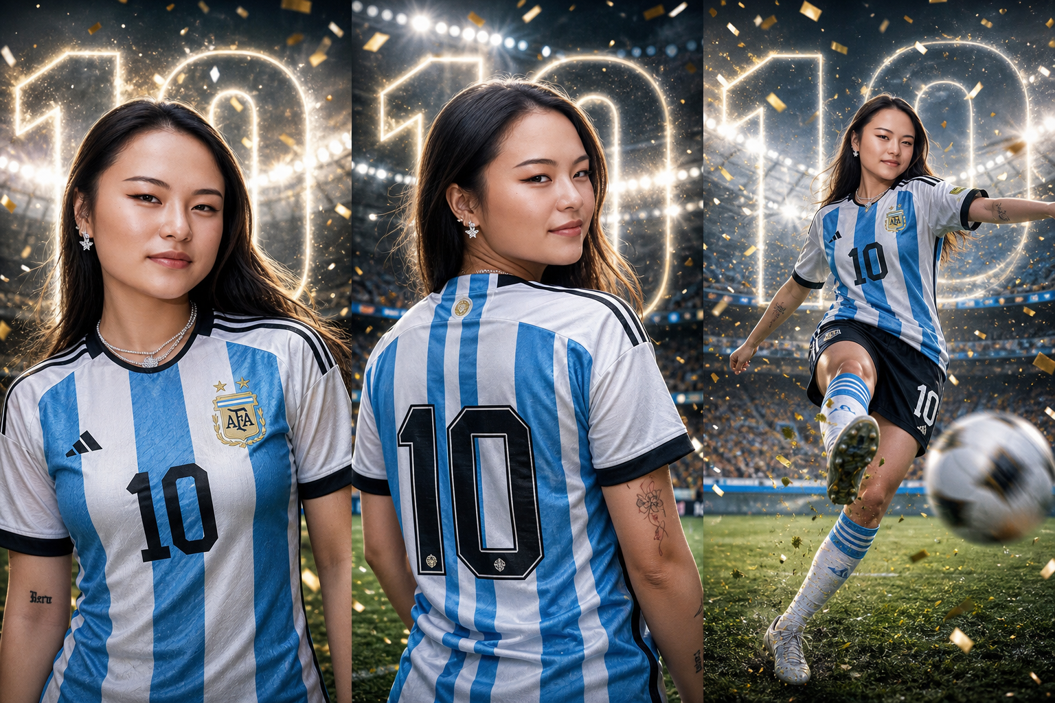 AI-generated three-panel soccer poster showing the same woman in an Argentina-inspired jersey posing in a stadium, facing forward, turned backward, and kicking a soccer ball.
