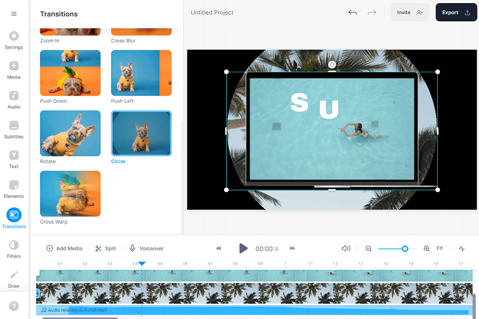 VEED video editor with timeline, transitions panel, and video preview window open.