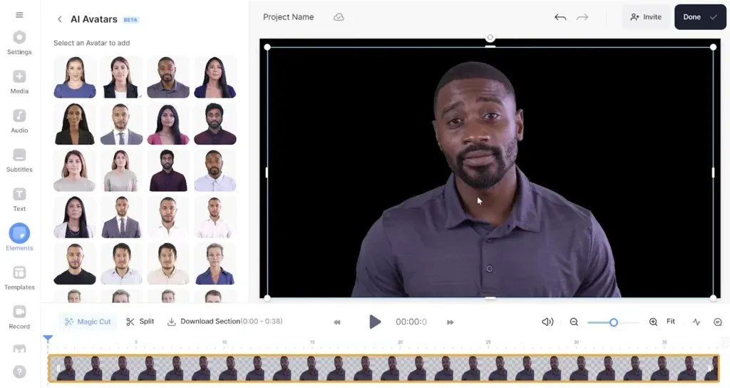 VEED AI avatar creator displaying stock presenters and avatar video generation options.