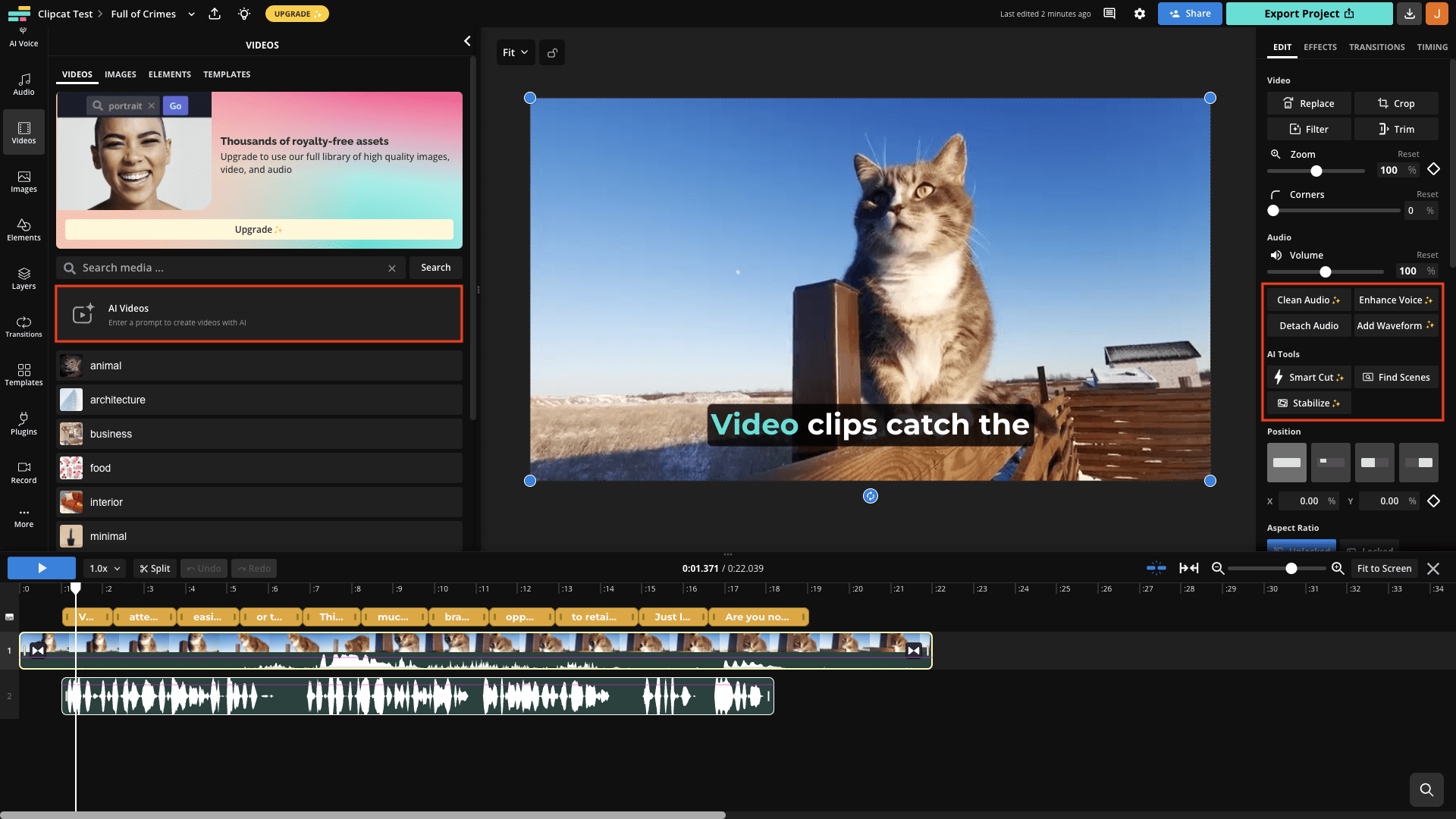 Kapwing Studio timeline showing AI editing tools including Smart Cut, Find Scenes, audio enhancement, and manual timeline editing.