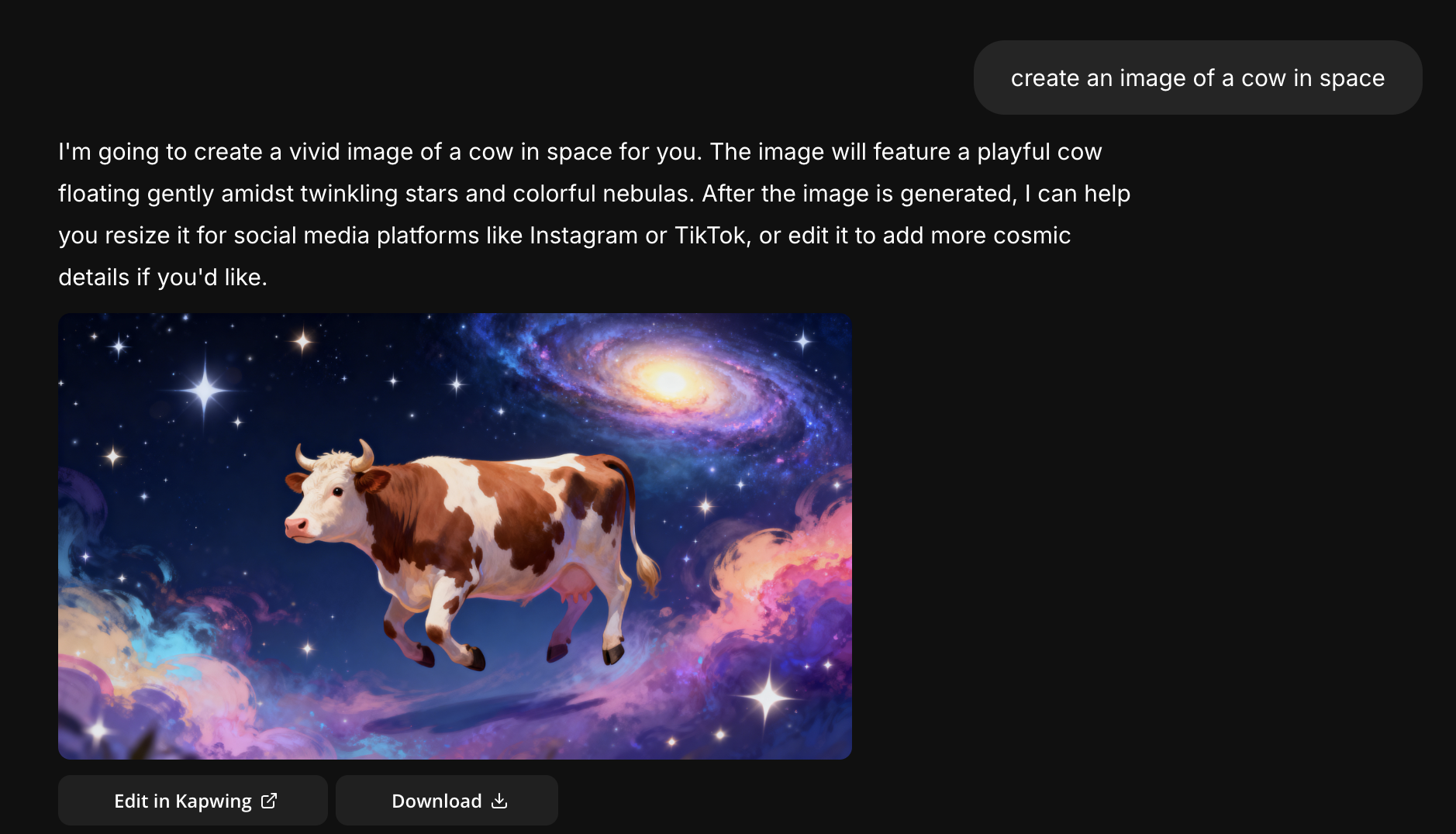 Kapwing AI image generator creating an illustration of a cow in space that can be edited directly inside a video project.