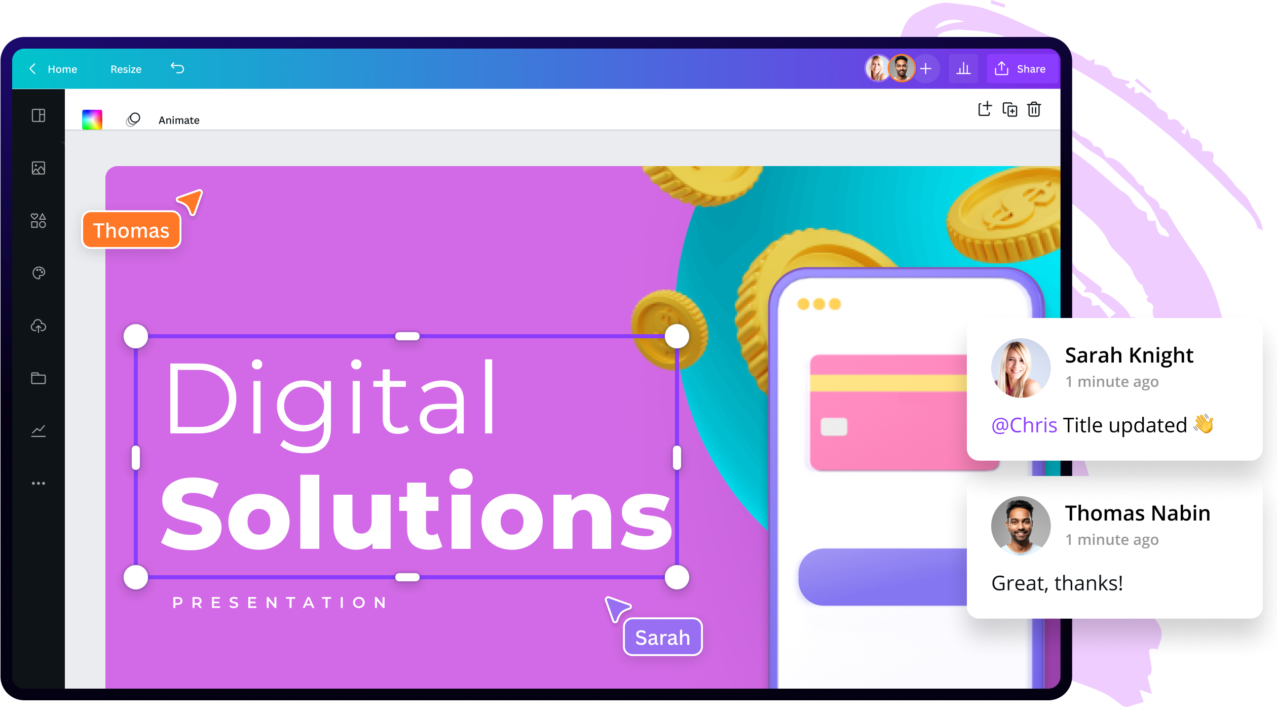 Screenshot-style Canva collaboration graphic showing a digital design with teammate comments and editing indicators.