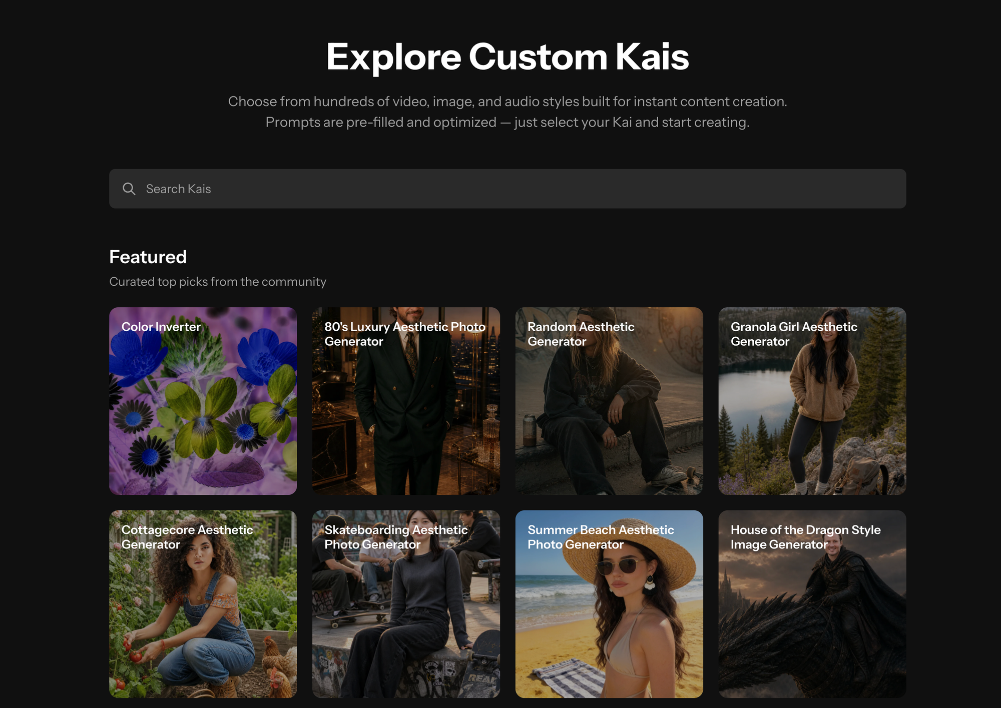 Screenshot of Kapwing’s Explore Custom Kais page showing a search bar and featured AI generators in a grid.