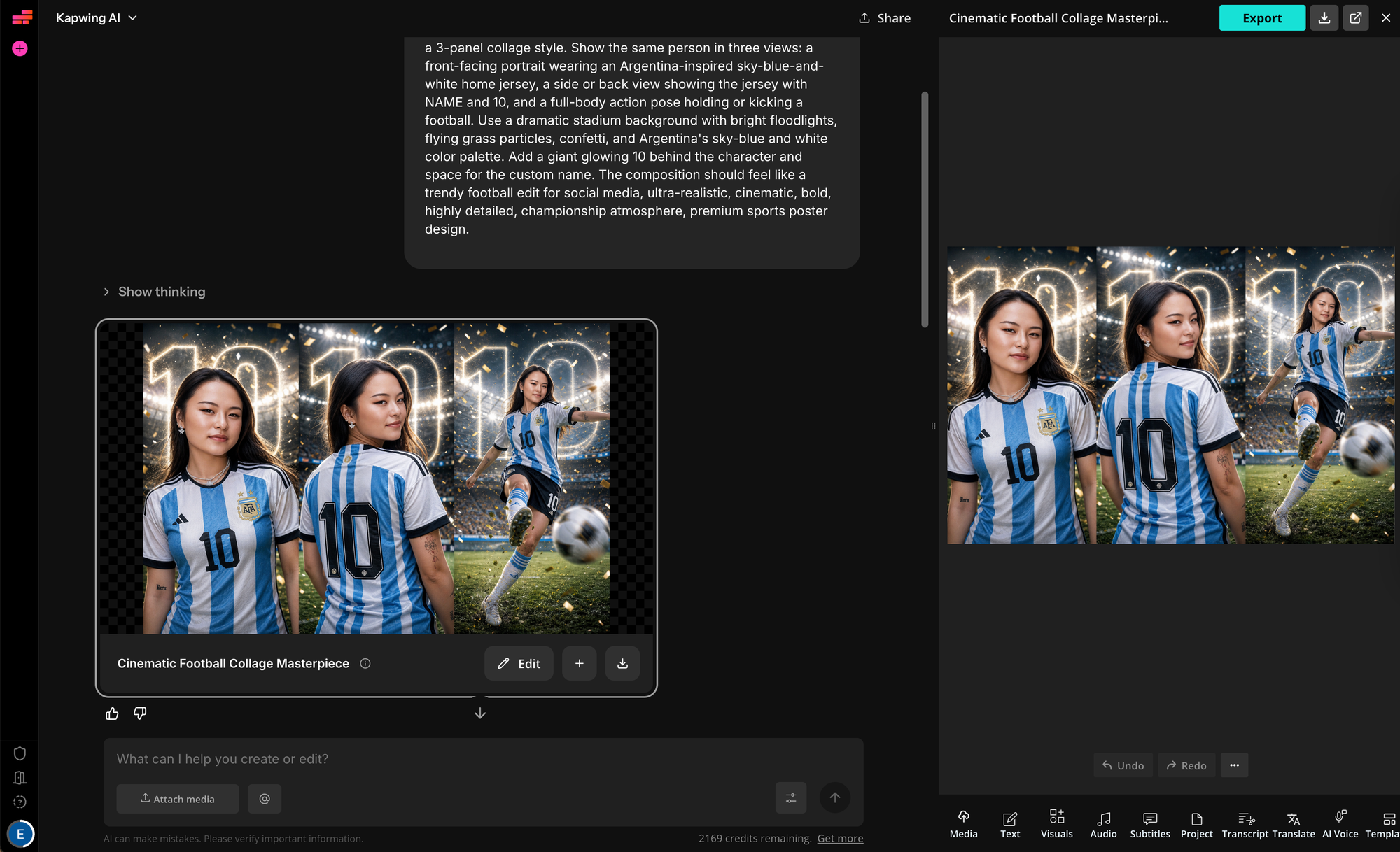 Screenshot of Kapwing AI generating a soccer-themed visual inside the editor, with the generated image shown beside the prompt.