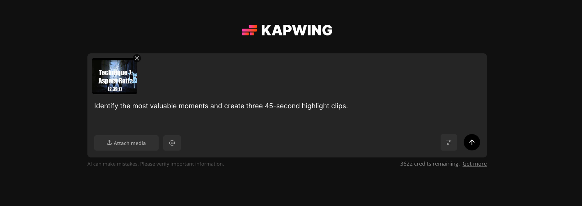 Describe your desired edits in natural language, starting with foundational changes like removing filler words, trimming pauses, generating captions, or creating highlight clips. Once those edits are complete, you can use follow-up prompts to refine pacing, improve audio, add transitions, or apply a visual style.