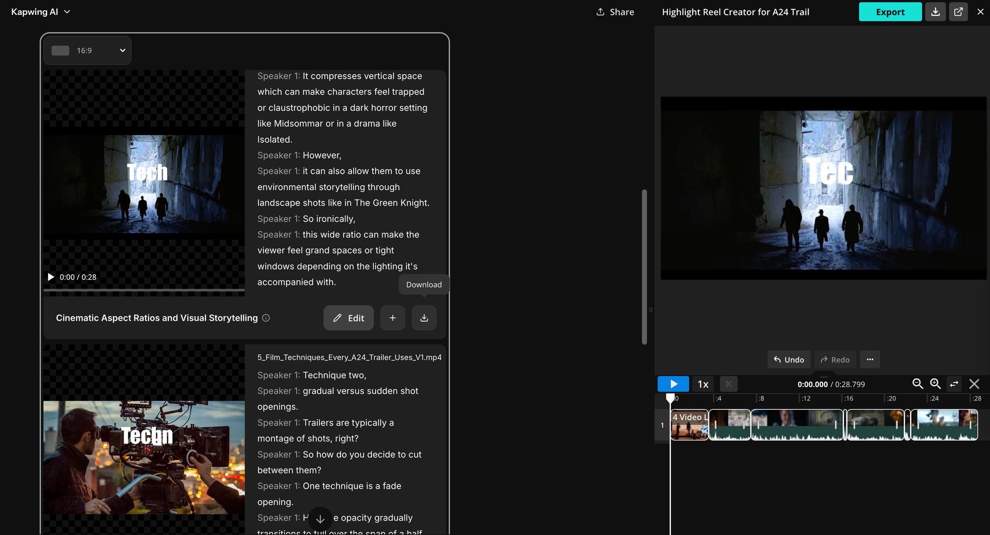After Kai finishes editing your video, open the project in Kapwing Studio to make final adjustments. Manual editing is ideal for frame-accurate changes like trimming clips, adjusting captions, or repositioning elements, while follow-up AI prompts are better for broader edits that affect the entire video.