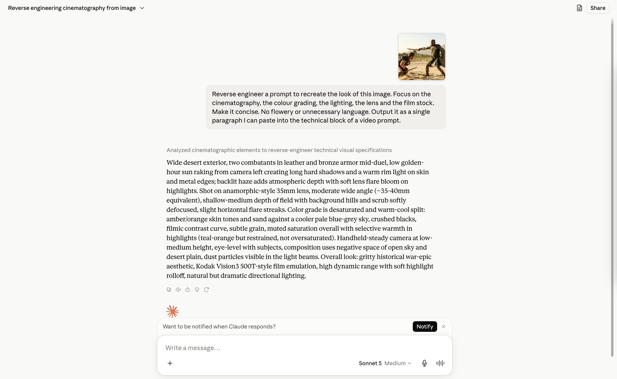 Claude generating a cinematography prompt from a reference image for consistent AI video style