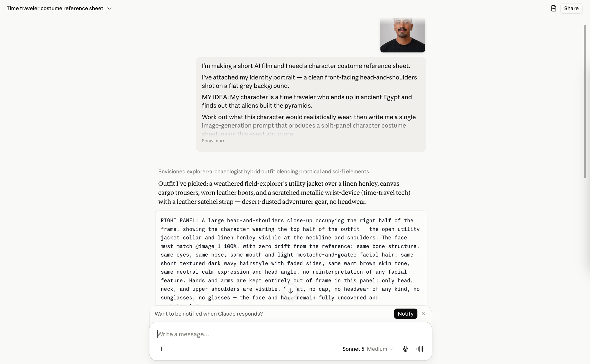 Claude generating an AI character reference sheet prompt from a face reference image for consistent AI characters