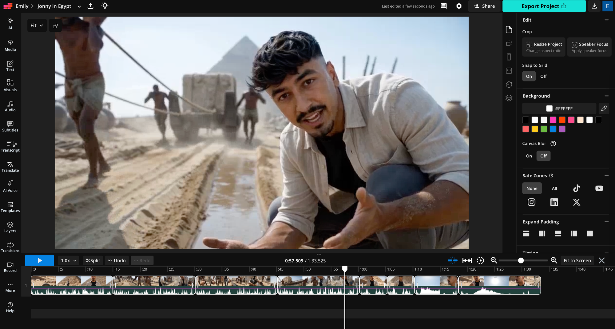 Editing a consistent AI video in Kapwing Studio with timeline, subtitles, and captions