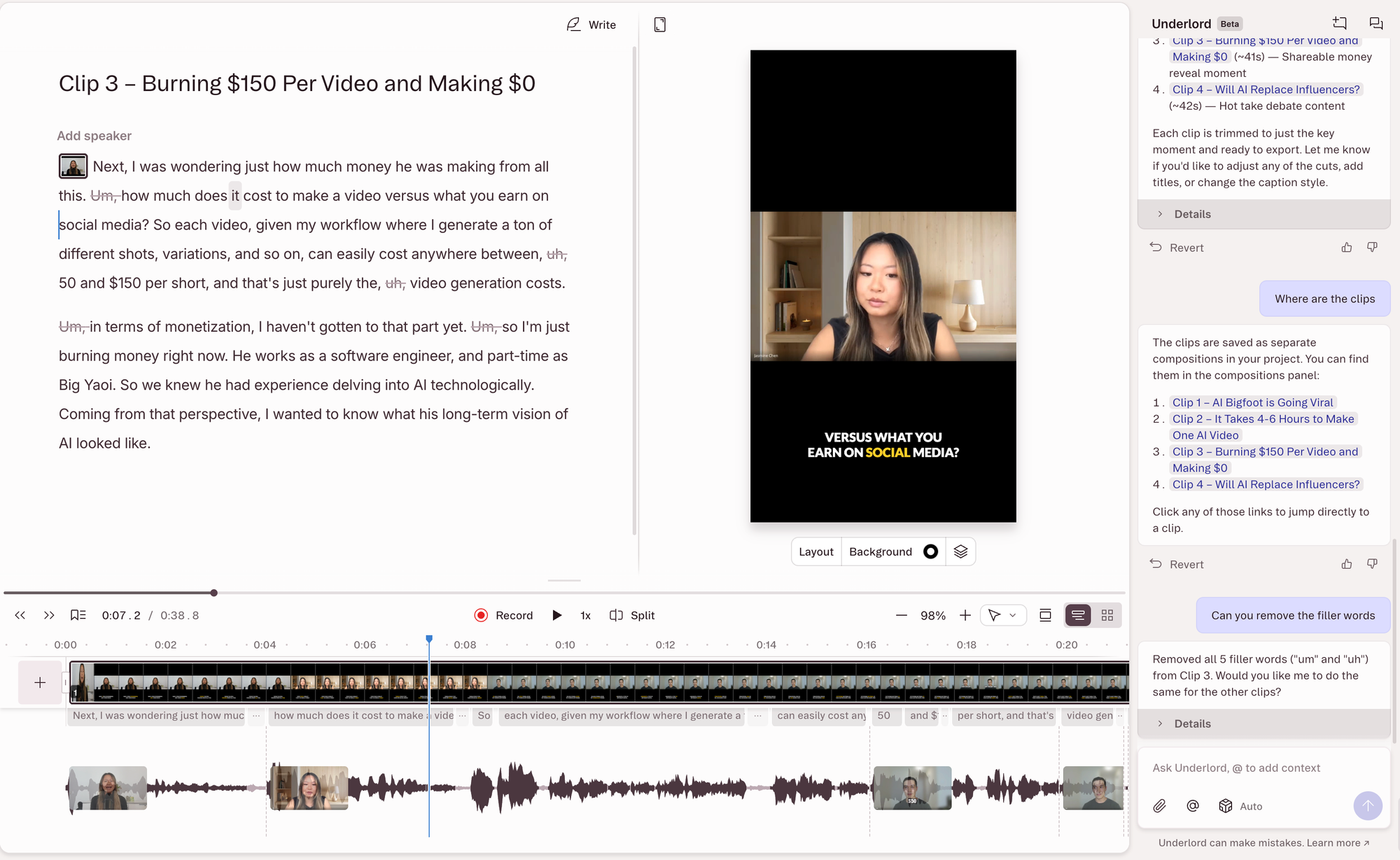Descript transcript editor showing AI-generated short-form video clips alongside an editable transcript and timeline.