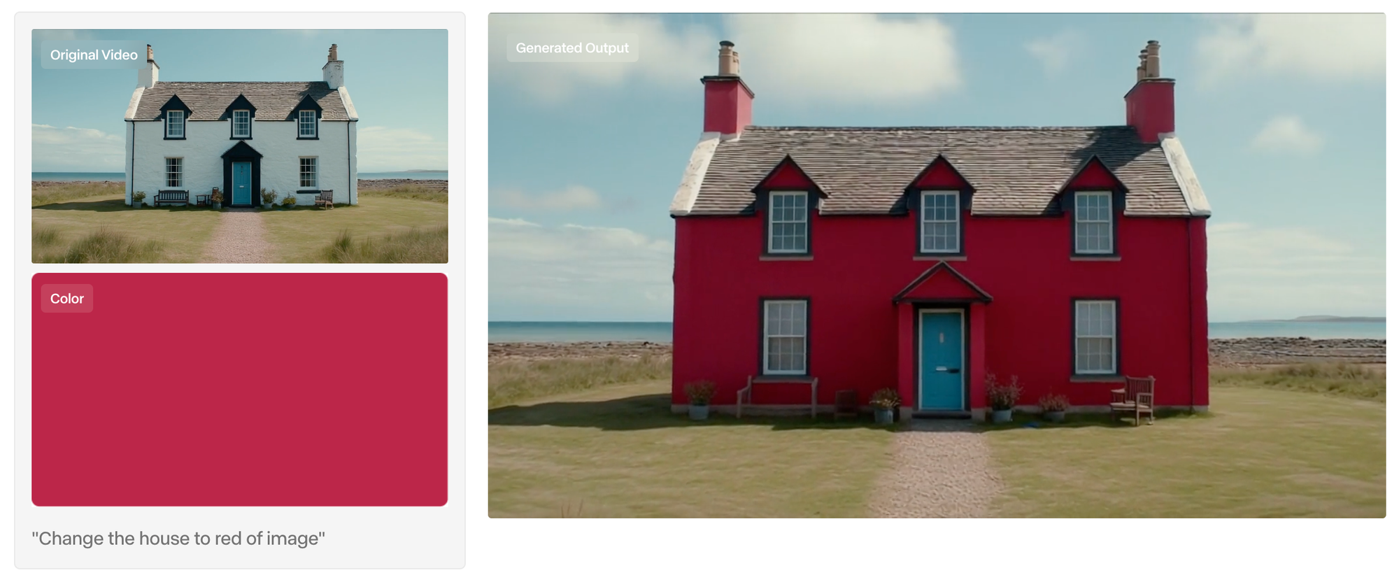 Runway AI editing an image through conversation by changing the color of a house while preserving the original composition.