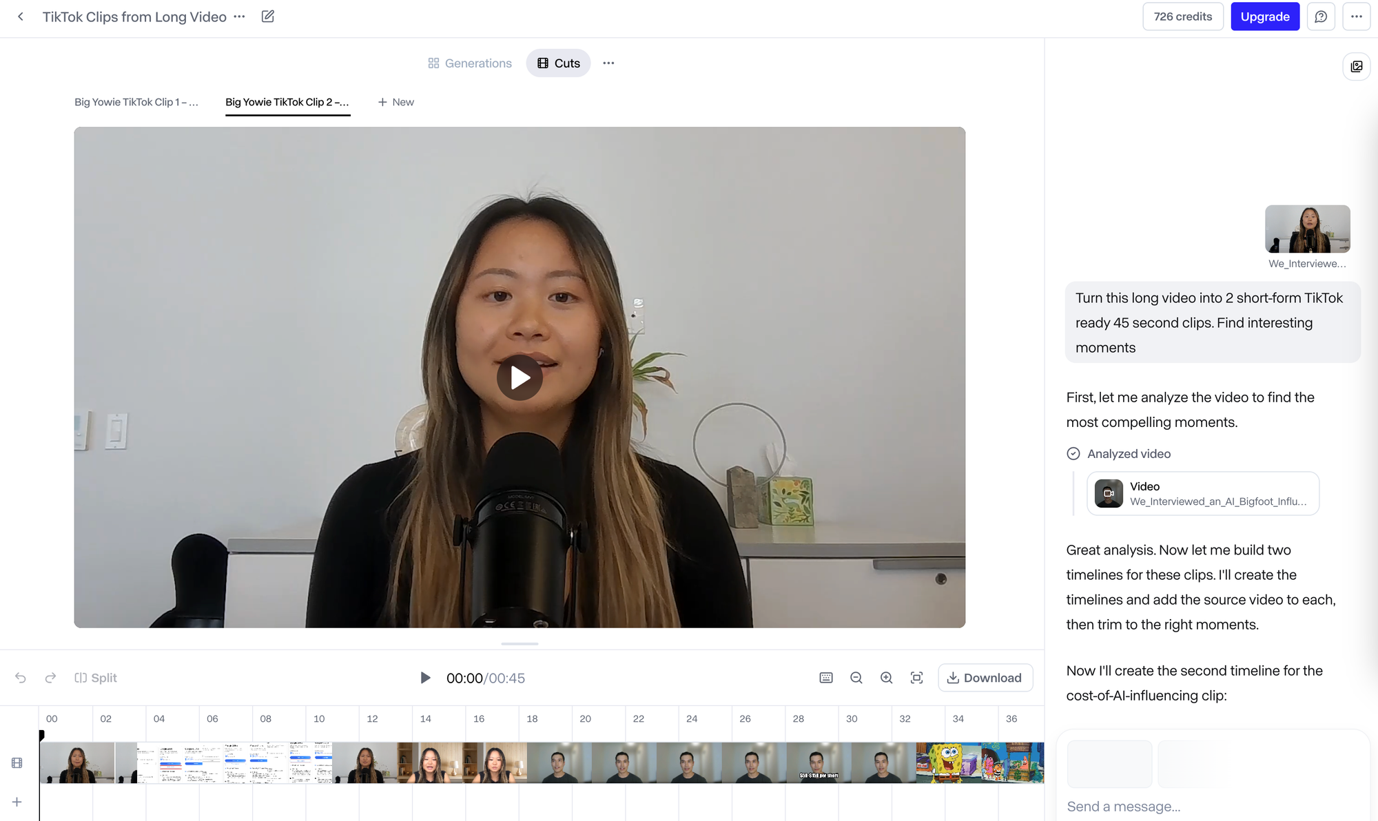 Runway AI generating a short-form highlight clip from a long interview with a timeline and conversational editing interface.