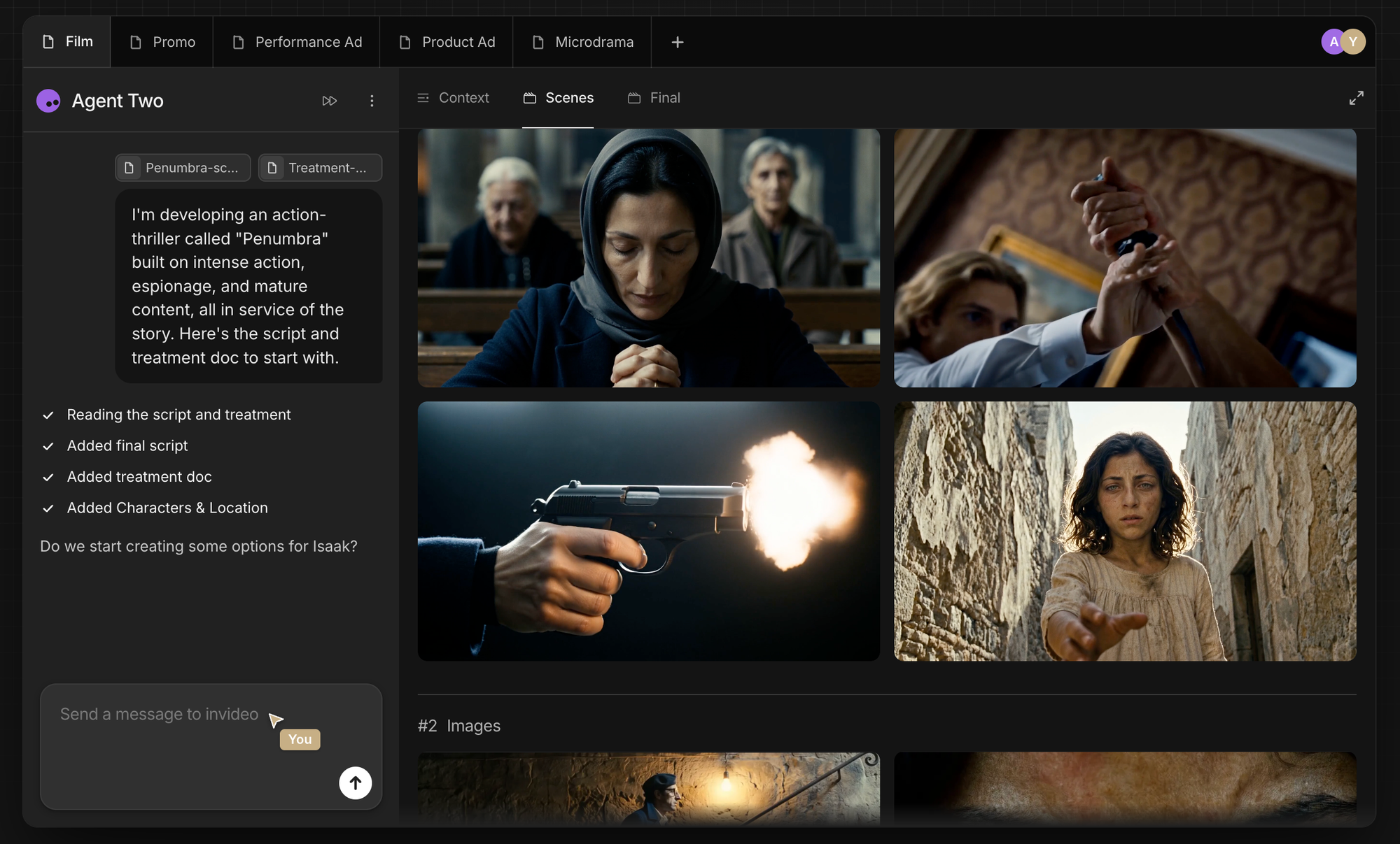 InVideo AI Agent building a cinematic storyboard from a script with generated scenes, characters, and visual planning.