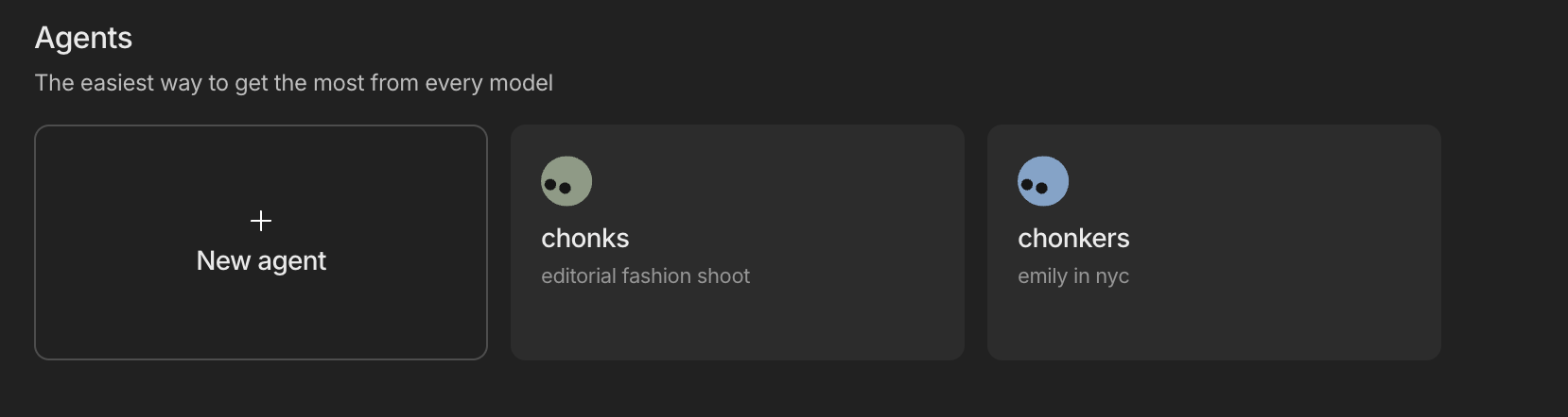 InVideo AI interface displaying multiple custom AI Agents configured for editorial fashion shoots and filmmaking projects.