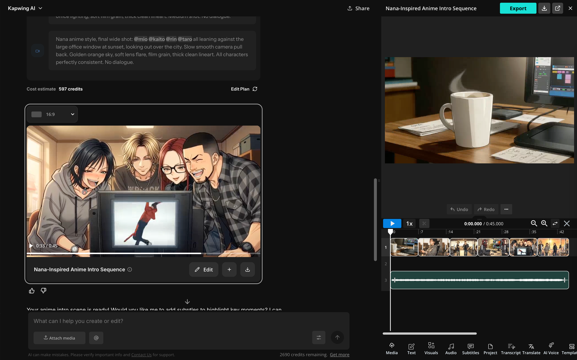 Kapwing AI generating an anime-style video sequence inside the editor with a built-in timeline for editing AI-generated content.
