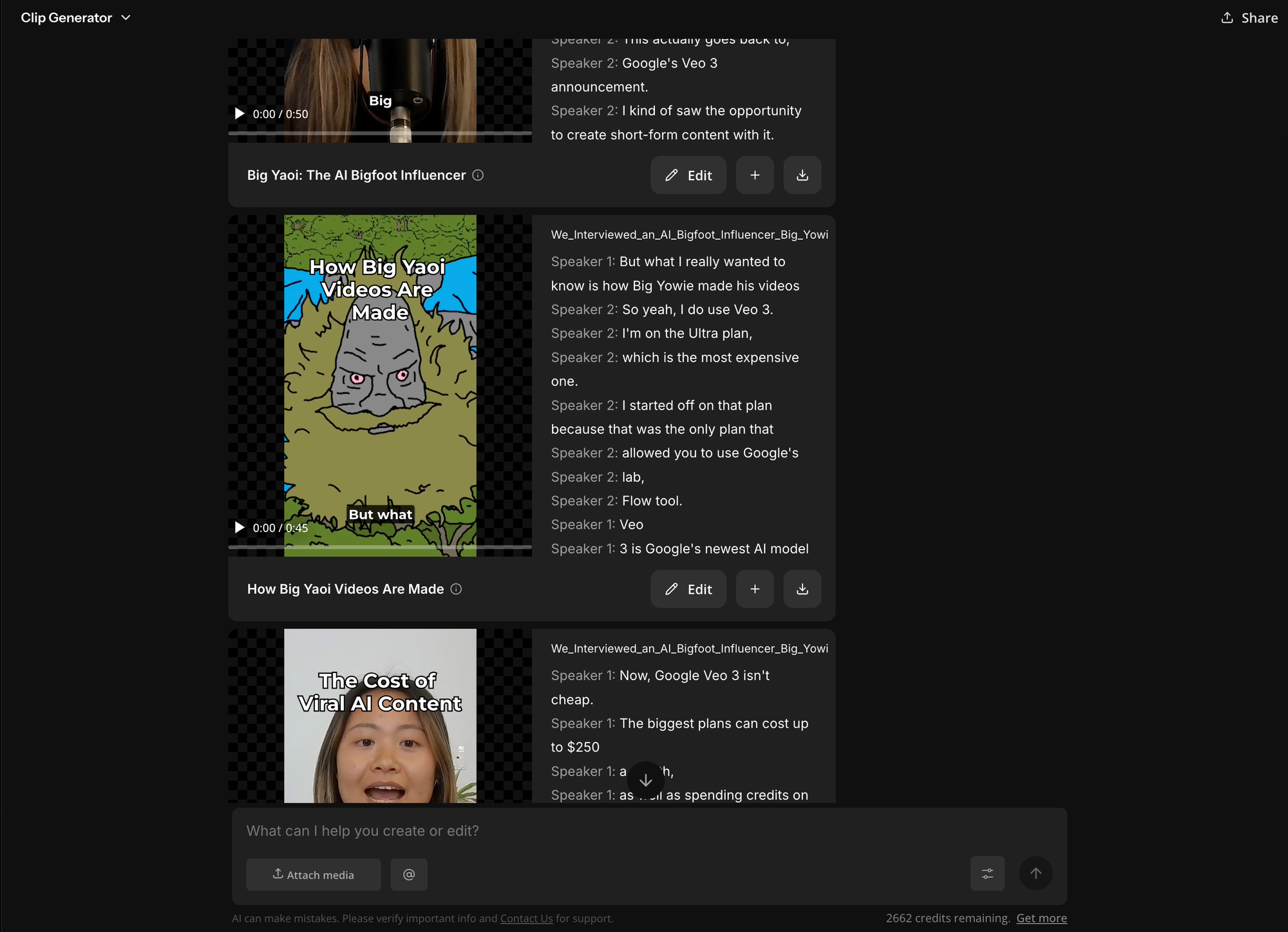 Kapwing Kai automatically generating multiple short-form highlight clips from a long interview for TikTok and YouTube Shorts.