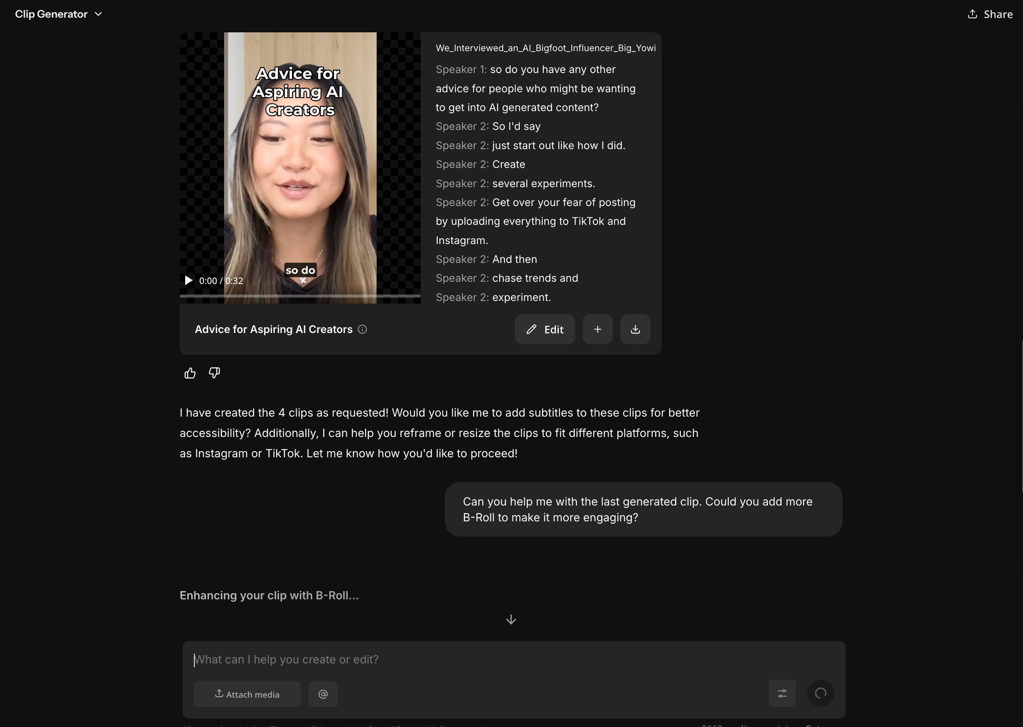 Kapwing AI assistant editing an existing highlight clip after a user prompts it to add relevant B-roll footage.