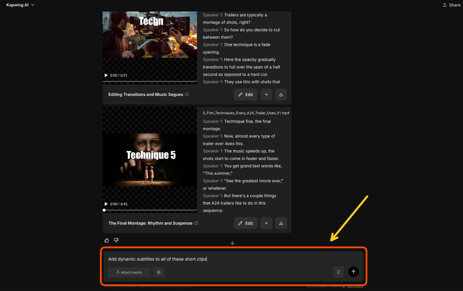 Screenshot of Kapwing Kai showing a follow-up prompt to add dynamic subtitles to AI-generated highlight clips.