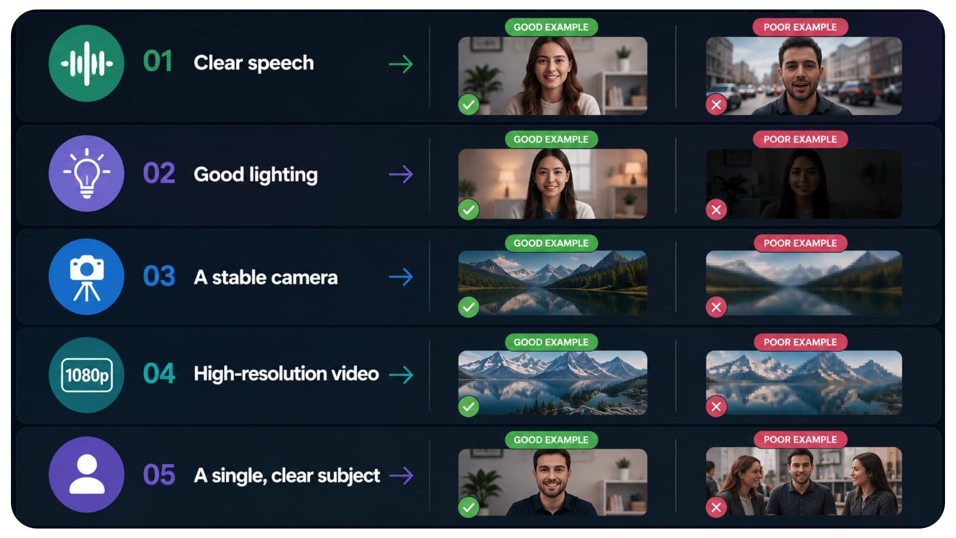 Infographic showing the ideal input for AI video editing, including clear speech, good lighting, a stable camera, high-resolution video, and a single subject compared with poor-quality examples.