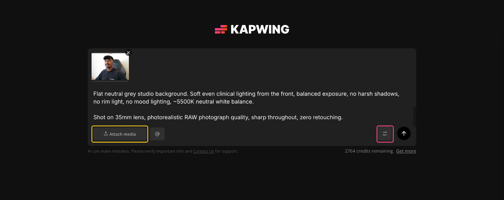 Generating a consistent AI face reference in Kapwing using GPT Image 2 to create a reusable AI character