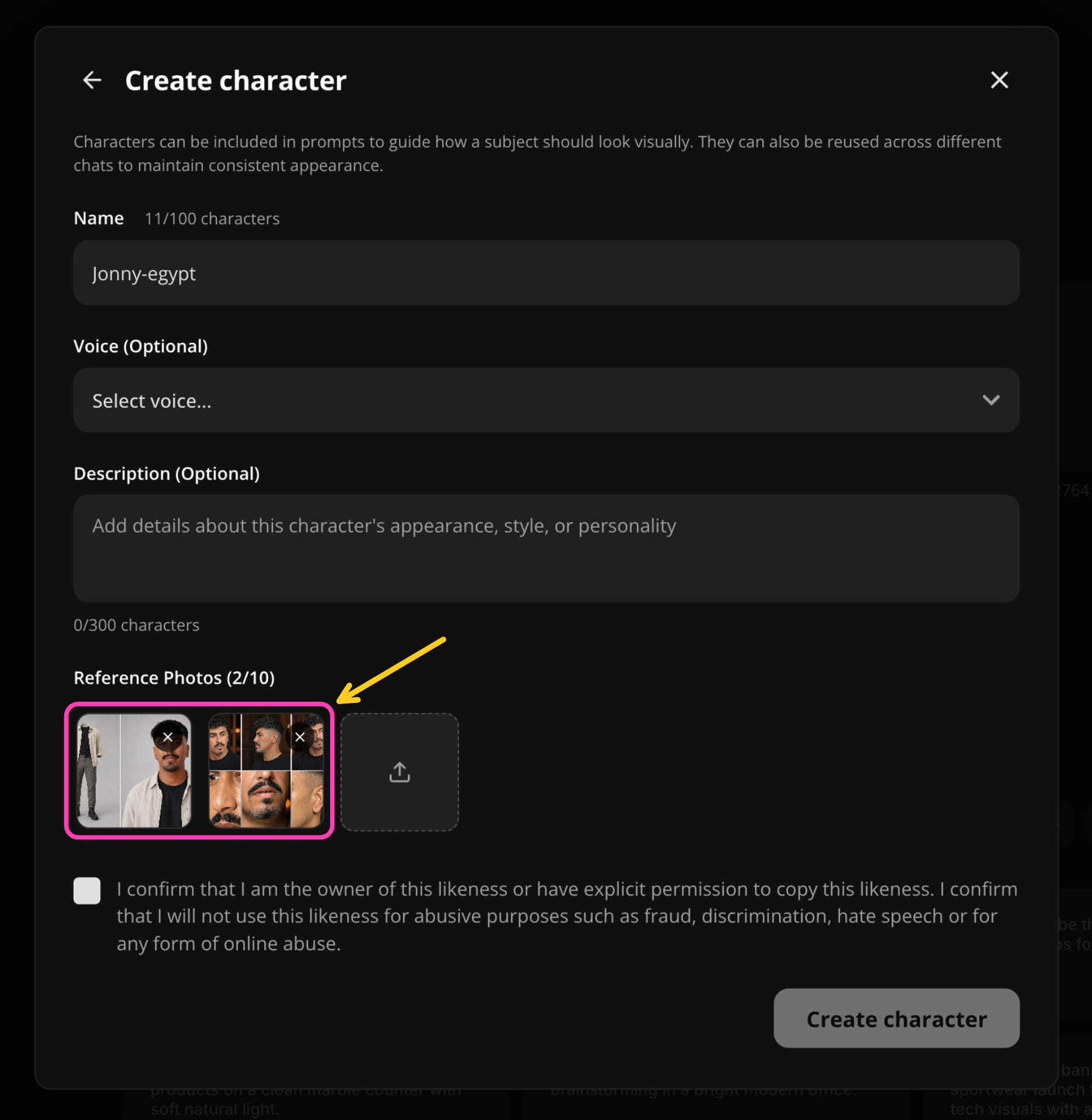 Creating a reusable AI character in Kapwing using reference images and voice cloning