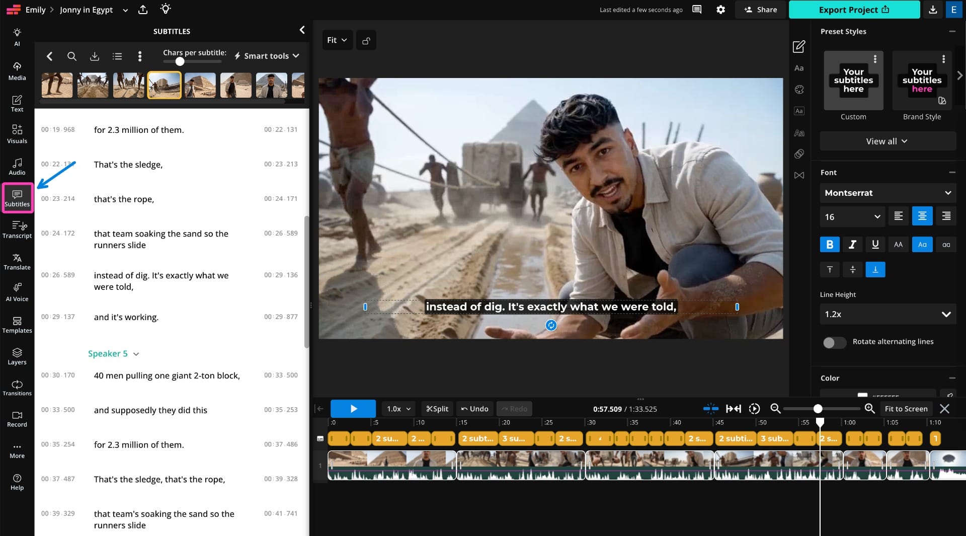 Editing AI video subtitles in Kapwing Studio using Auto Subtitle and caption styling.