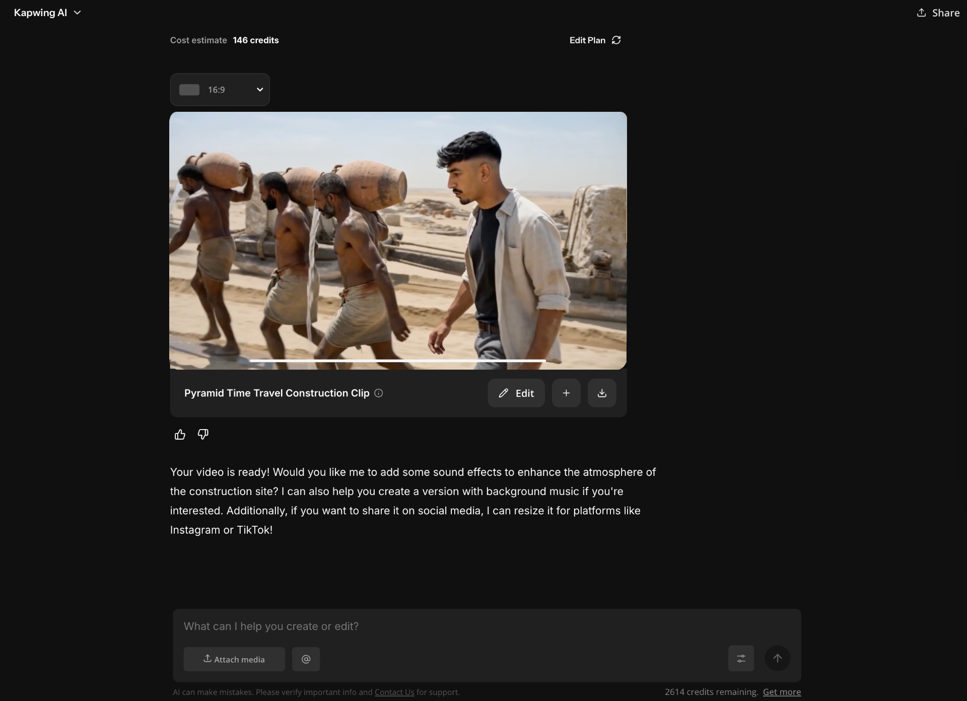 Generated AI video in Kapwing using Seedance 2.0 and a saved consistent AI character
