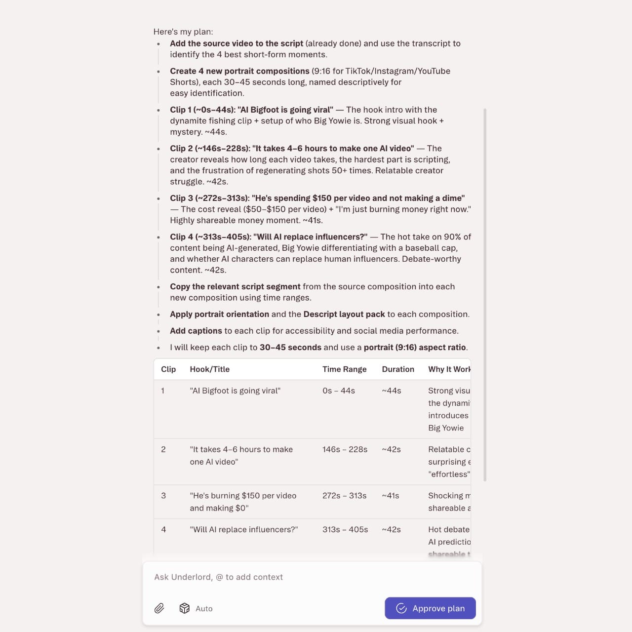 Descript Underlord generating an AI editing plan to repurpose a long interview into four short-form social media clips.