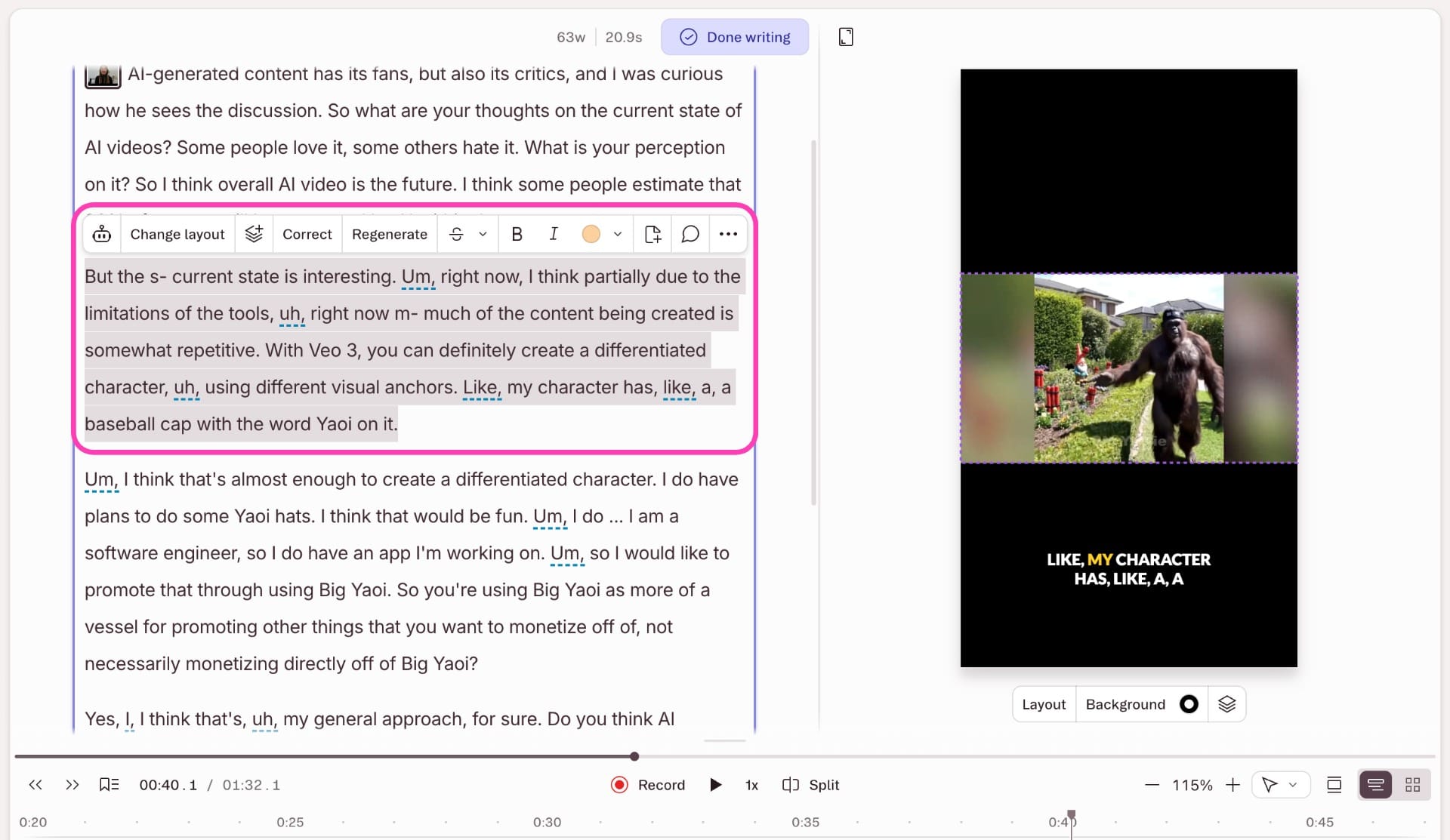 Descript transcript-based video editor where deleting or modifying text automatically updates the corresponding video edit.