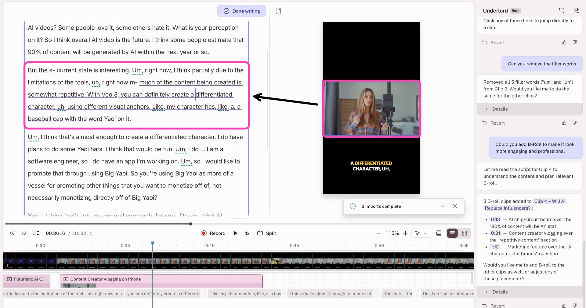 Descript Underlord automatically generating B-roll suggestions for a talking-head video based on the transcript and spoken content.
