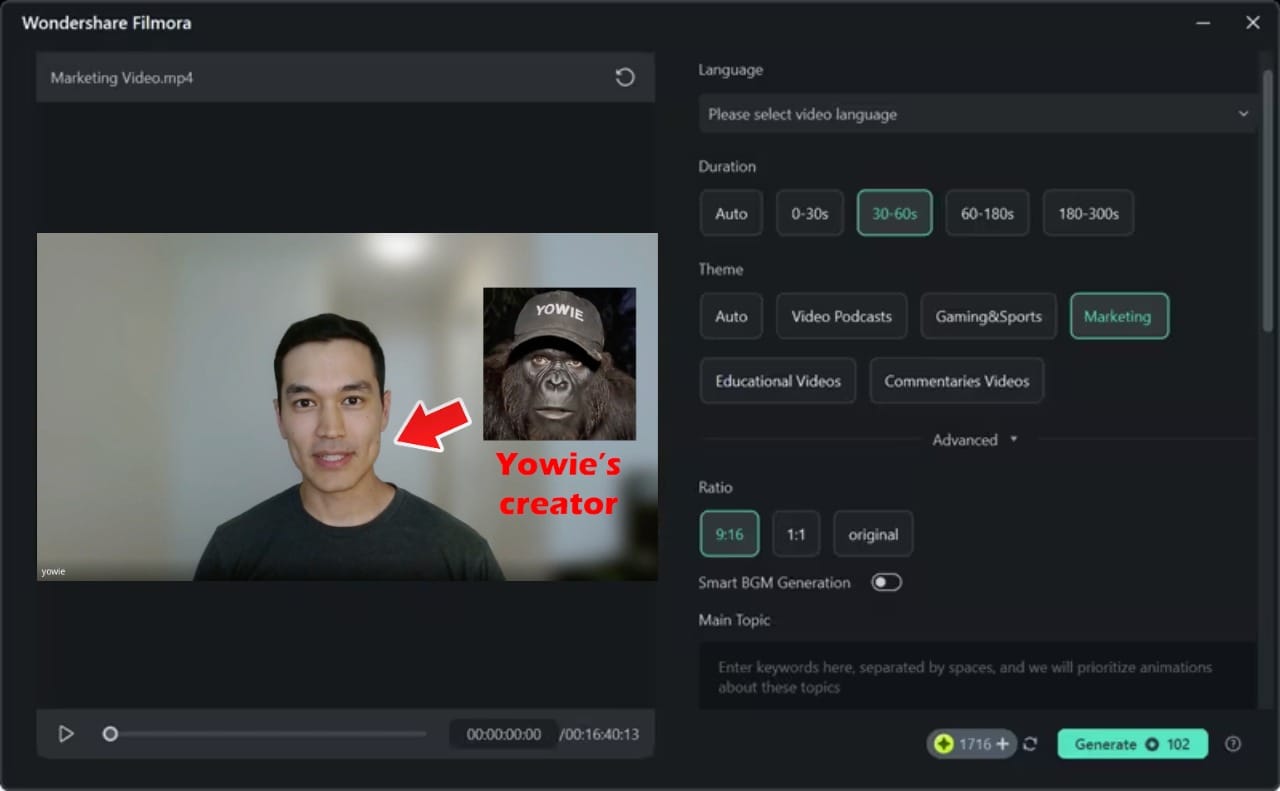 Filmora AI Short Clips tool automatically creating a vertical social media video from a longer talking-head recording.