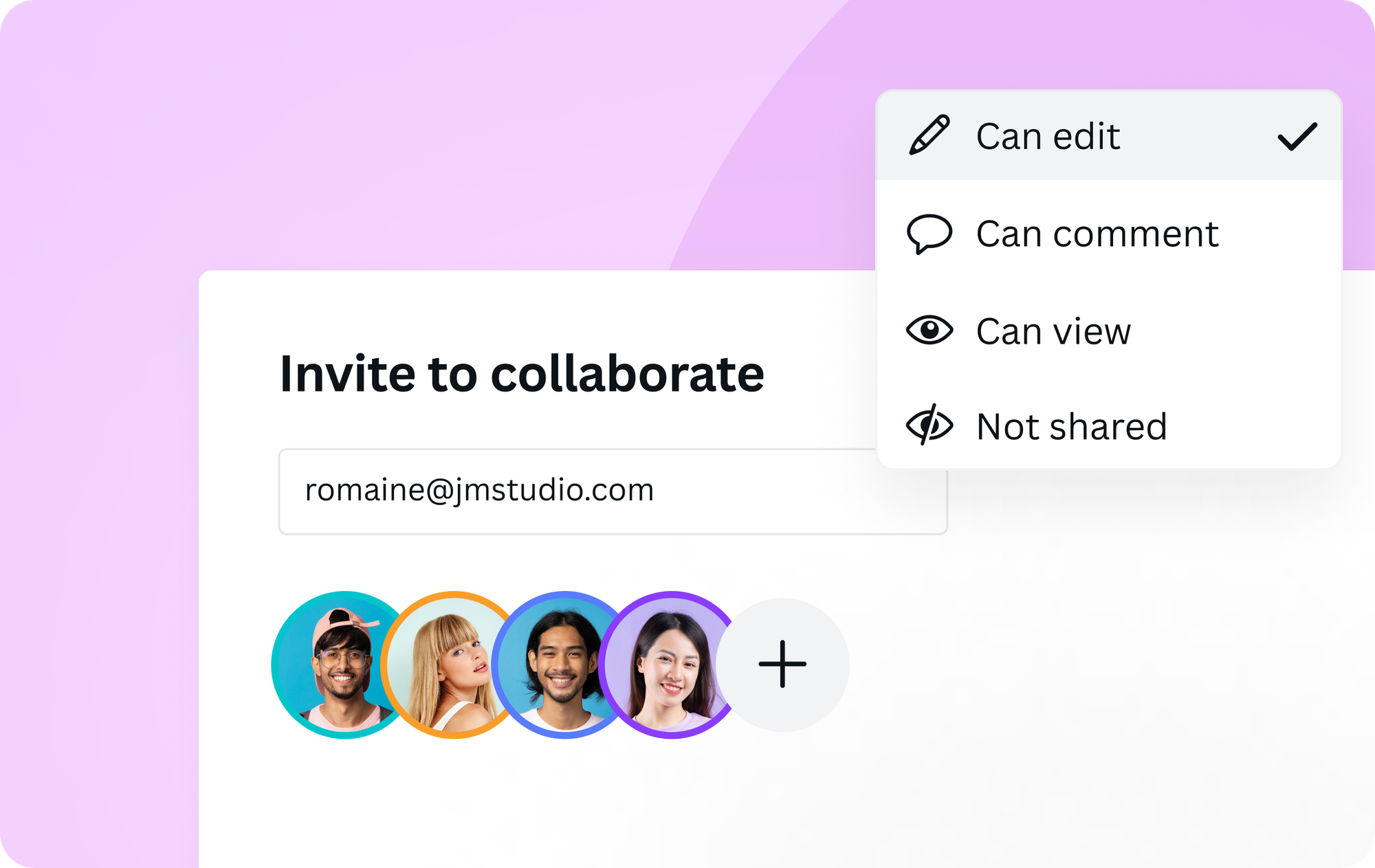 Canva collaboration graphic showing an invite panel with sharing permissions including can edit, can comment, can view, and not shared.