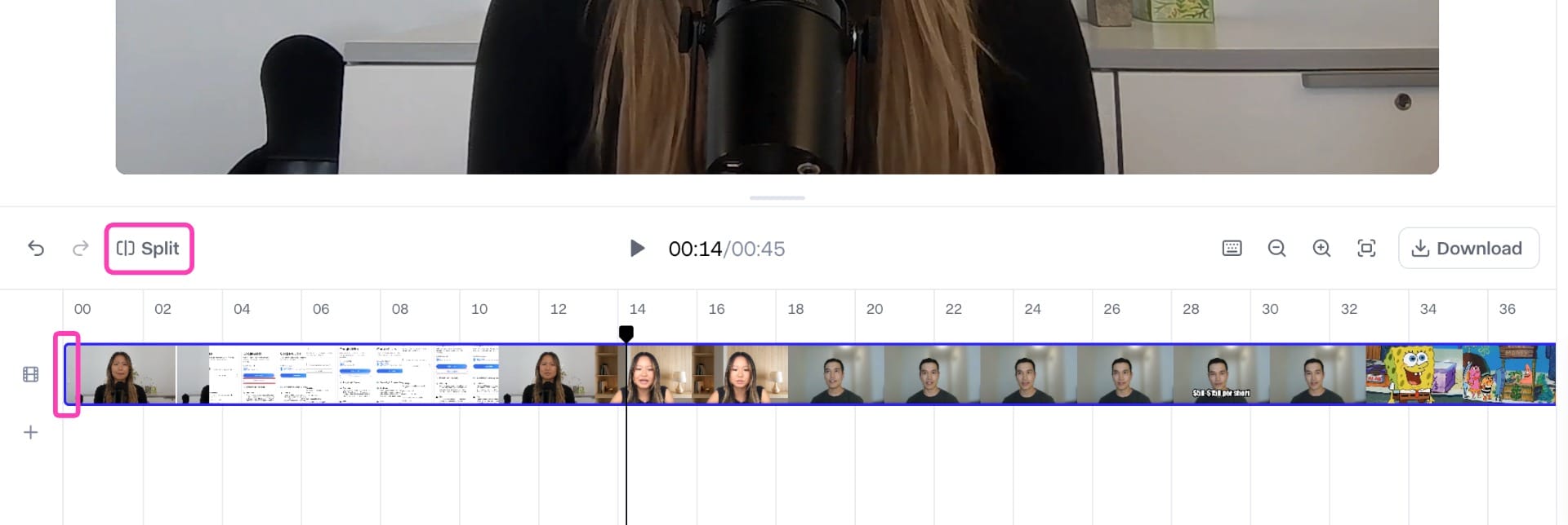 Runway video editing timeline showing clip splitting and basic trimming tools while editing a short-form interview video.