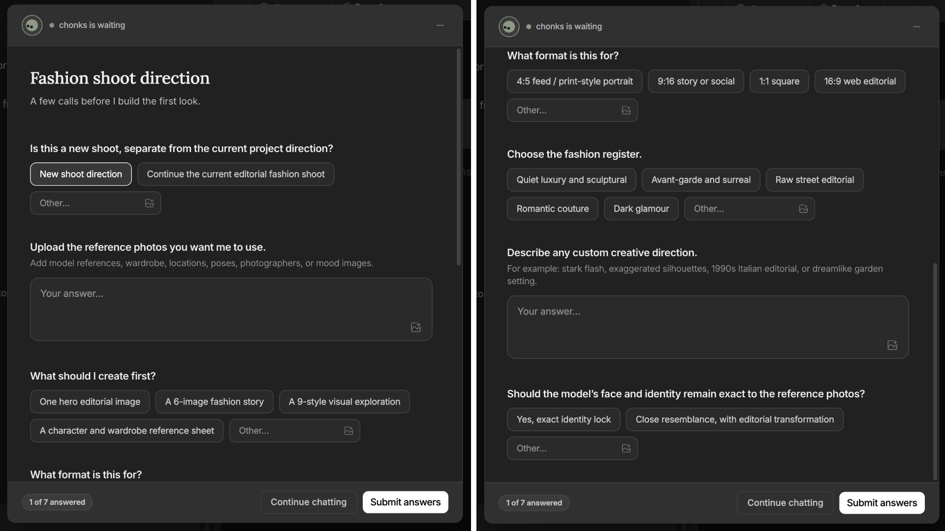 InVideo AI Agent setup workflow collecting creative brief, visual references, output format, and style preferences before video generation.