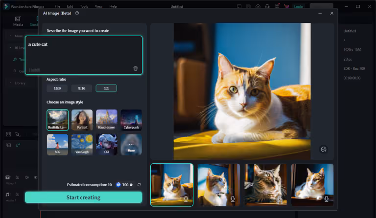 Filmora AI Image generator creating multiple image variations from a text prompt inside the video editor.
