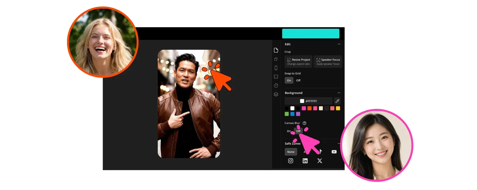 Illustration of Kapwing’s editor showing a video project with teammate avatars and editing controls for collaborative work.