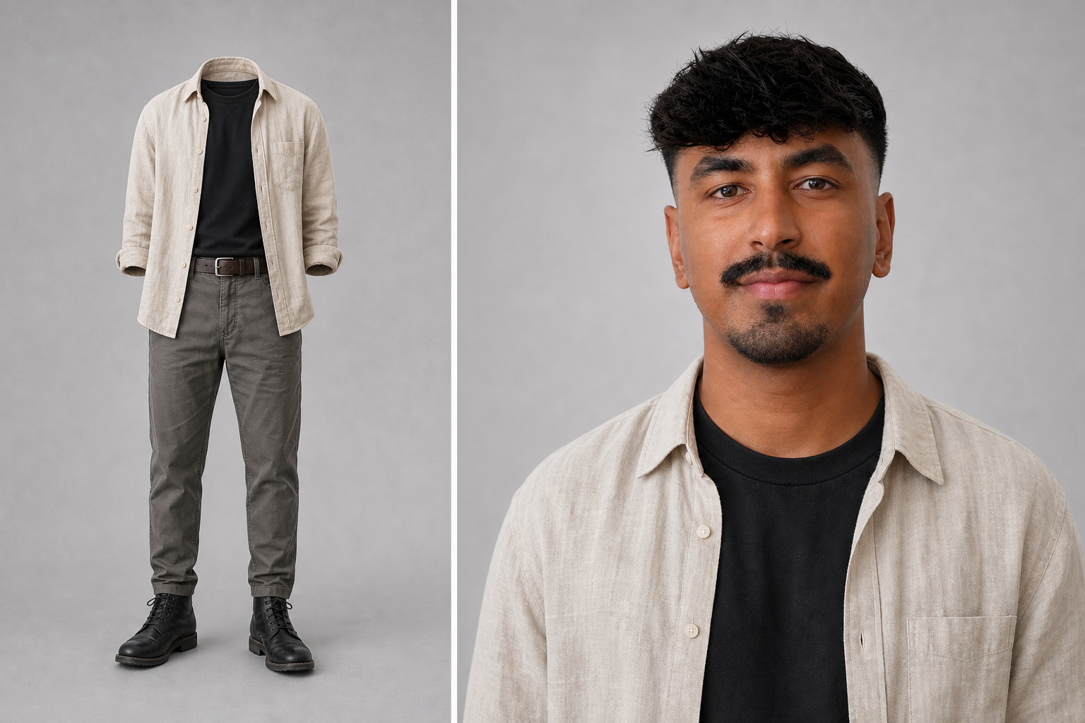 AI character reference sheet combining face reference and outfit for consistent AI character generation