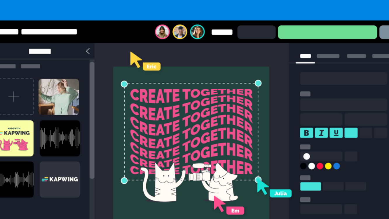 Illustration of a collaborative Kapwing workspace with multiple teammates editing a design and shared project assets.