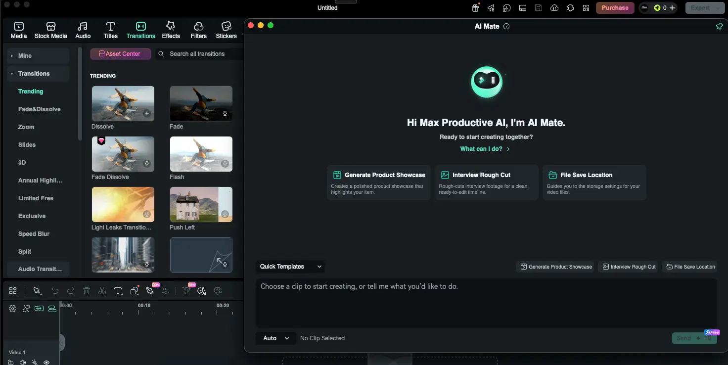 Filmora AI Mate conversational editing assistant for generating captions, rough cuts, and other AI-powered video editing tasks.