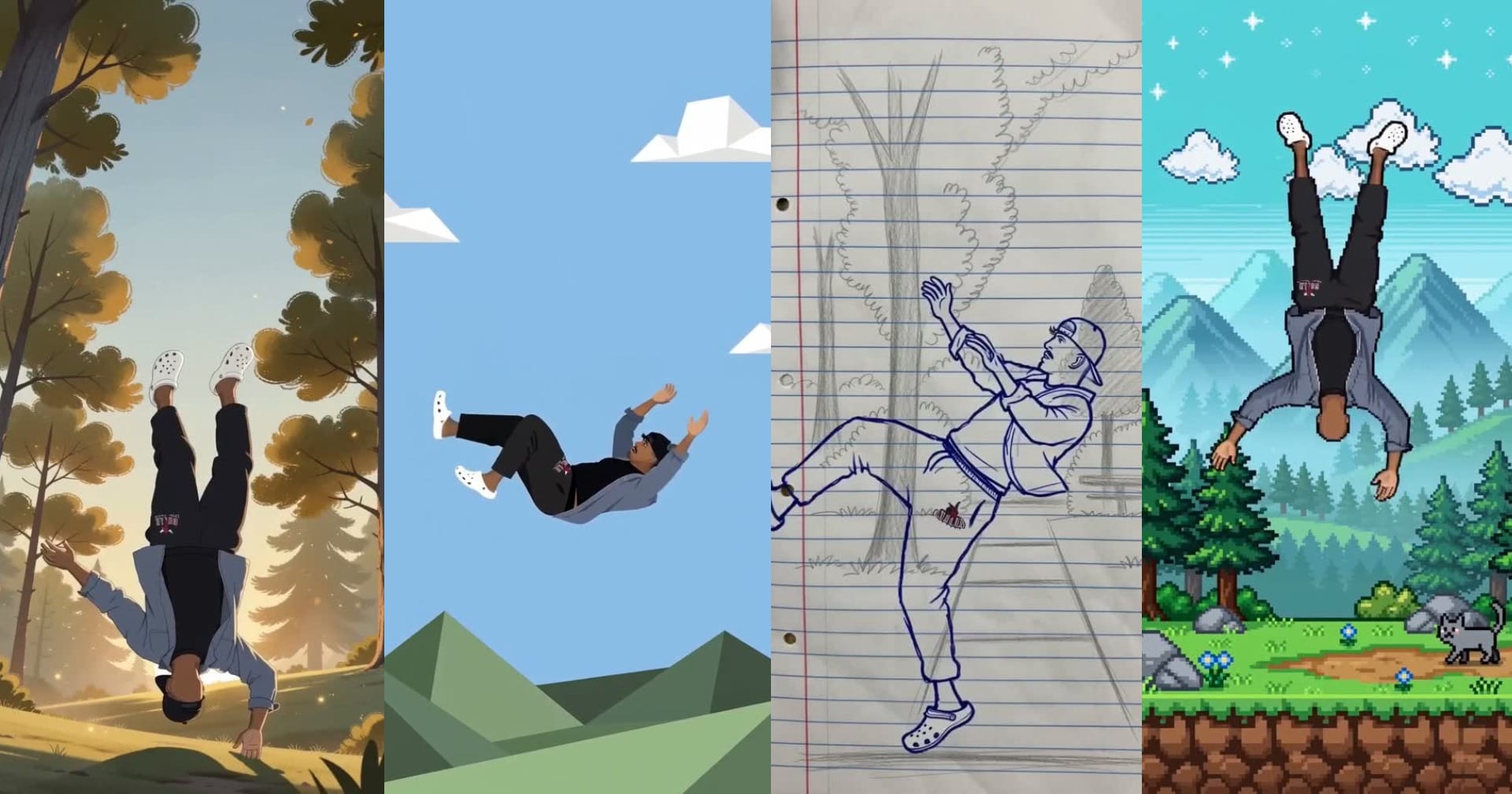 Four AI-generated falling scenes in different visual styles, including forest, low-poly landscape, notebook sketch, and pixel art, for an Instagram falling through posts effect.